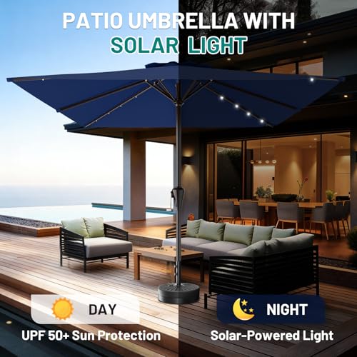 Image of AreShark 8' X 10' Rectangular Patio Umbrella with Solar Lights, Lighted Solar Umbrella with Crank, Outdoor Table Umbrella for Garden, Deck, Backyard, Pool and Beach, Navy