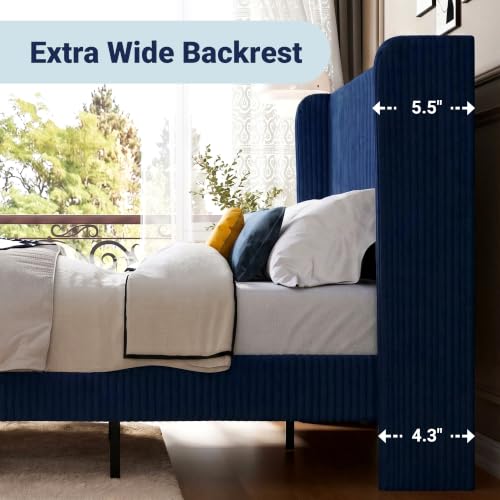 Image of Allewie Queen Size Platform Bed with Corduroy Wingback Headboard, Blue | 900 lb Capacity, Corduroy Wingback Headboard, Vertical Channel Design, Wood Slat Support, No Box Spring Needed, Easy Assembly