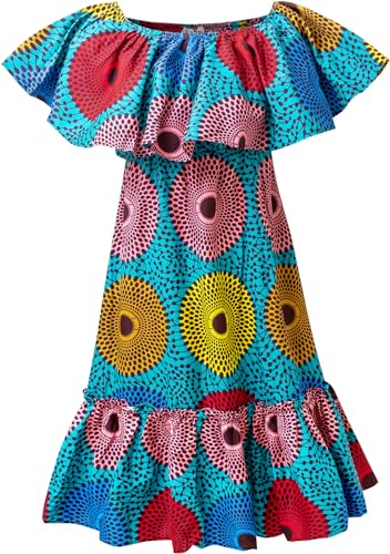 HongyuAmy Women African Off Shoulder Dresses Ankara Floral Print Ruffle Sleeve Midi Dress (Large, Color C)