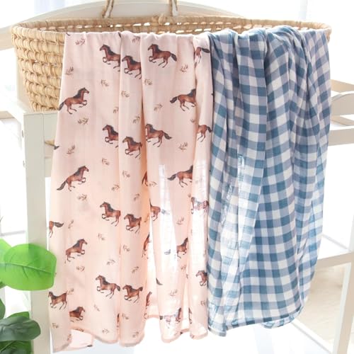 Image of LifeTree Baby Swaddle Blankets, Boys Girls Muslin Swaddling Wrap Receiving Blanket for Newborn, 70% Viscose from Bamboo and 30% Cotton, Large 47 inch x 47 inch, Horse and Blue Checkered Pattern