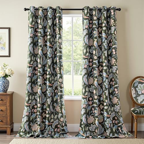 Image of MYSKY HOME Floral Blackout Curtains & Drapes 95 inch Curtains 2 Panel Set for Living Room Bedroom Vintage Farmhouse Thermal Insulated Privacy Protect Curtain with Pattern Bird Printed, 52 inch, Green
