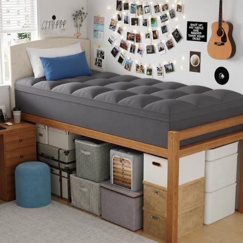 Image of ELEMUSE Twin XL Grey Mattress Topper for Dorm Bed, College Dorm Room Essentials for Girls&Guys, Soft Comfortable Bed Upgrade for Back to School, Apartment&Rental Use