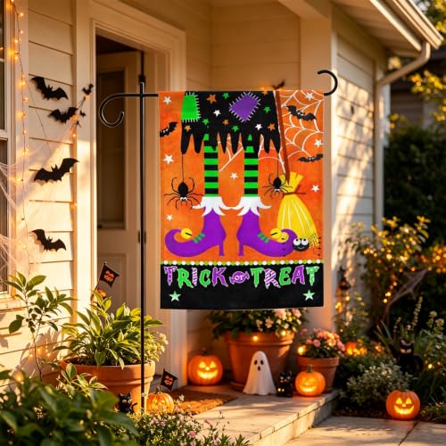 Image of Halloween Garden Flag 12x18 Inch Double Sided Trick or Treat Witch Legs Pumpkin Outdoor Yard Flag Fall Porch Decor