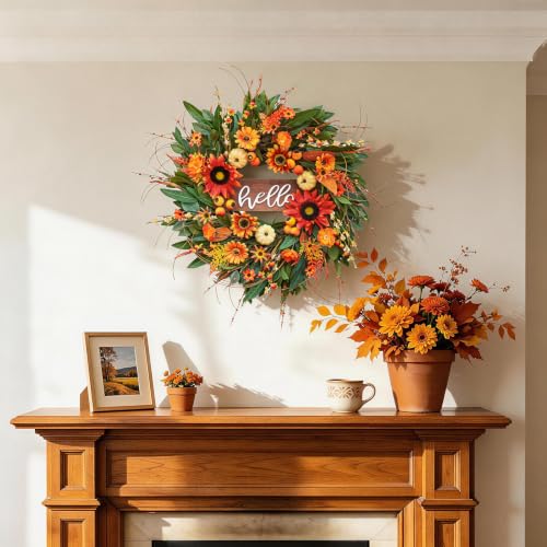 Image of 24 Inch Artificial Fall Wreaths for Front Door Outside with Hello Sign''