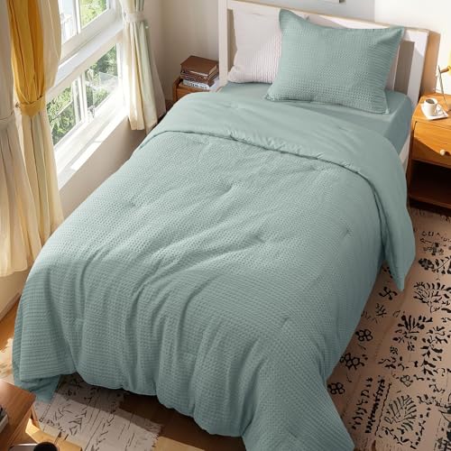 Image of PHF Soft Waffle Comforter Set Twin Size- Comfy Breathable Waffle Weave Comforter with 1 Pillow Shams, 2 Pieces Less Snagging Lightweight Textured Bedding Set for All Season, Dusty Blue