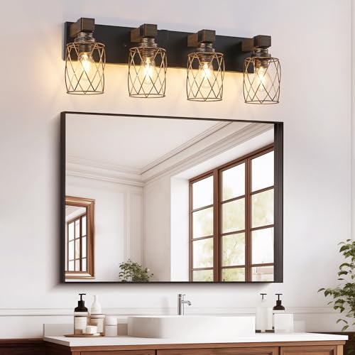 Image of 4-Light Black Gold Farmhouse Vanity Light, Wood & Metal Cage Shade
