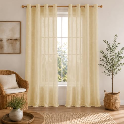 Image of LINENWALAS Aesthetic Sheer Curtains 9 Feet Long Set of 2, Poly Linen Shrink & Fade Proof Drapes for Long Door Semi Transparent Modern Panels with Grommet Hanging for Living Room (Golden Beige /9 Feet)
