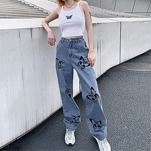 Eauptffy Dames Butterfly Denim Jeans Straight Jeans Y2K Stijl Brede Been Hoge Taille Jeans Harajuku Broek Stretchy Baggy Loose Streetwear Rechte Jeans met Brede Been Casual Broek - Image 4