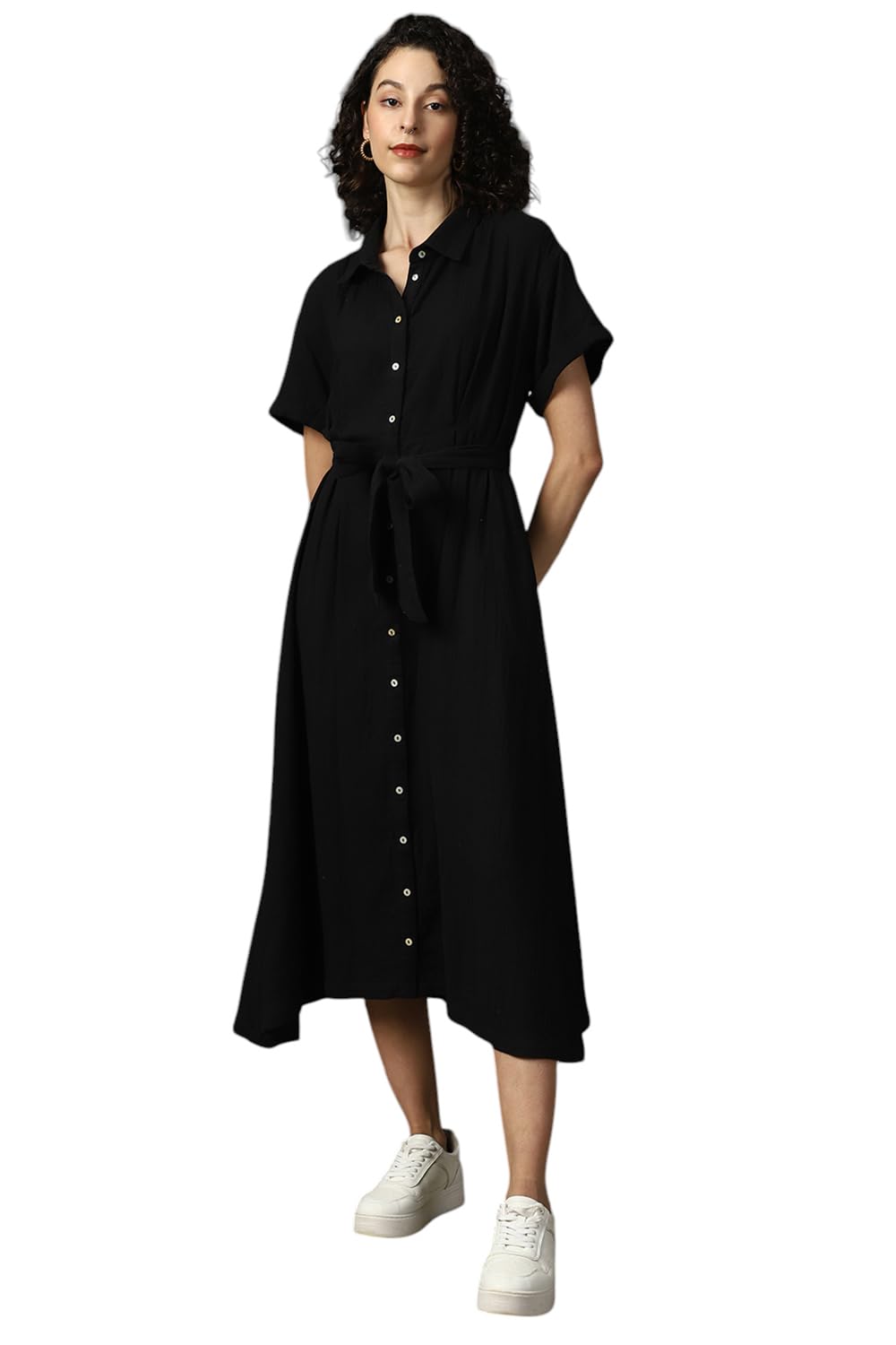 Buy High Star Women Cotton Solid Oversized Fit Spread Collar Black - Image 2
