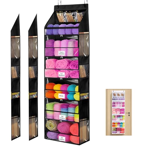 Hanging Yarn Storage Organizer with 6 Zipper Compartments with Labels and 8 Side Pockets Large Capacity Crochet Yarn Organizer and Knitting Storage for Over The Door (Black)