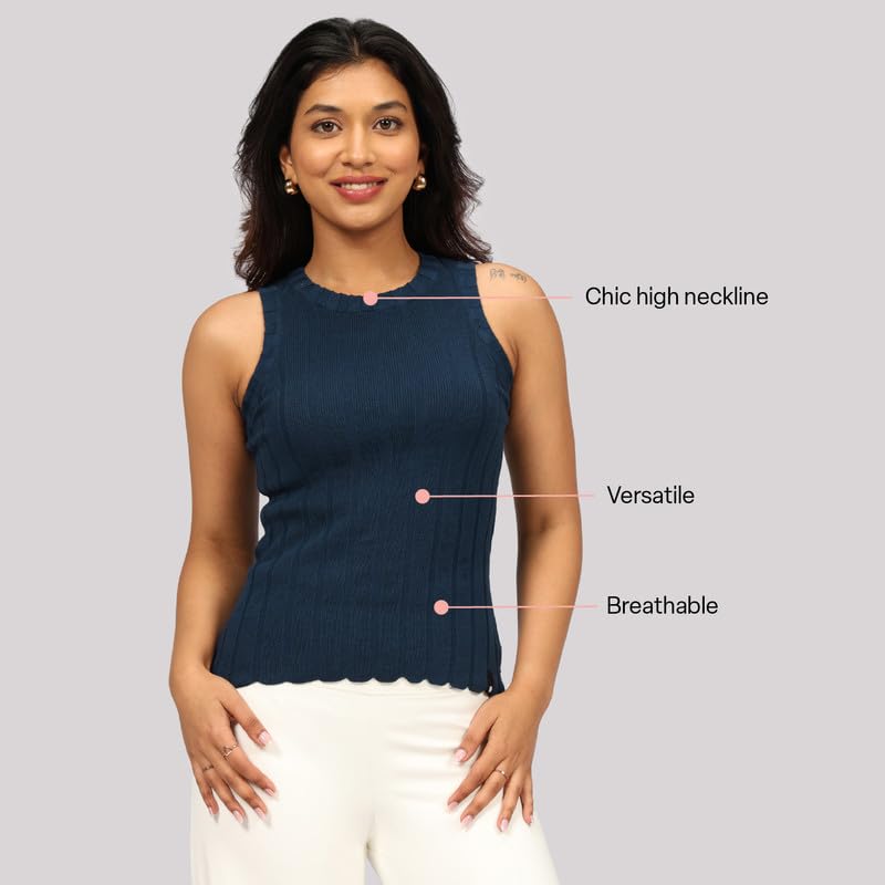 Image of BlissClub Move All Day Rib Tank Top | 100% Cotton | High Neck | Ribbed Fabric | Snug fit | Breathable