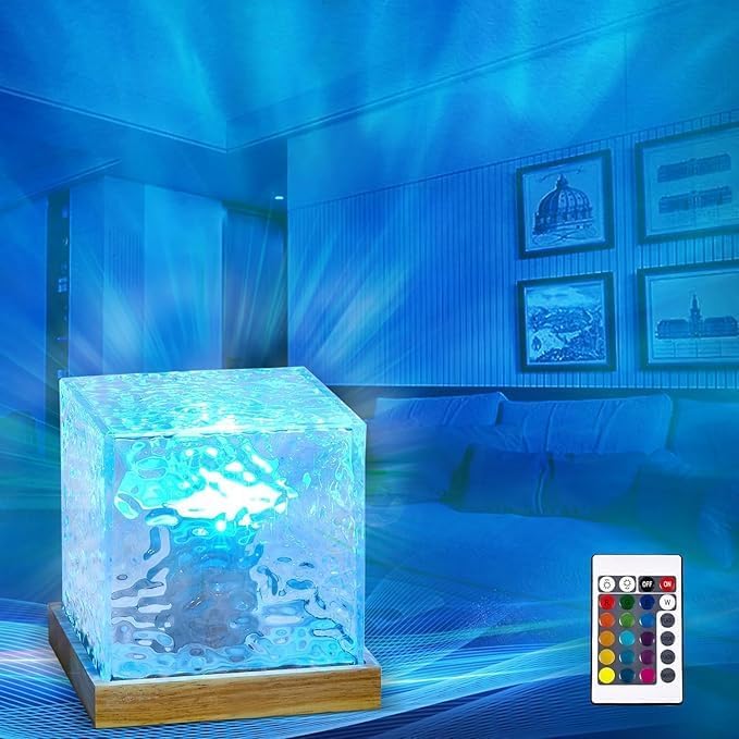 Image of inulec Acrylic Romantic Ocean Wave Night Light Projector Lamp, 3D Water Wave Effect, LED Projection Lamp for Bedroom Decor, Remote Control (Cube Shape)(Multi Color)