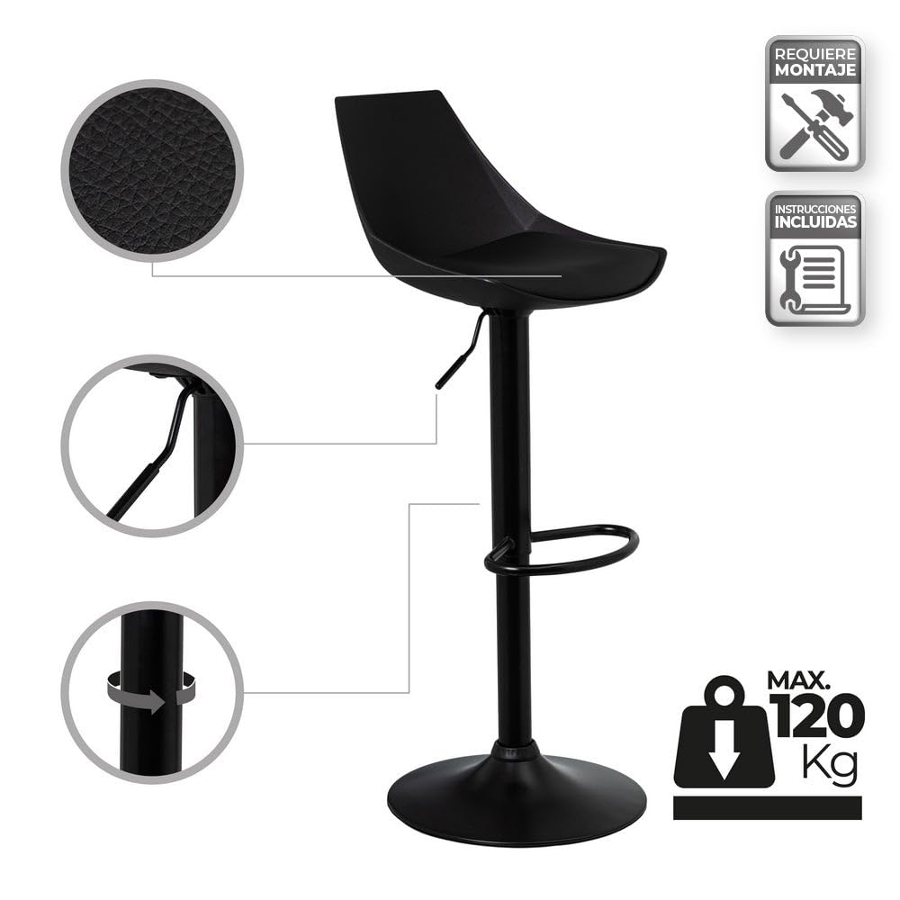 Taburete alto de cocina regulable en altura negro con respaldo alto | Asiento acolchado y tapizado en poliel. Respaldo alto rígido. Altura ajustable de 83 a 104 cm. Resiste hasta 120 kg
