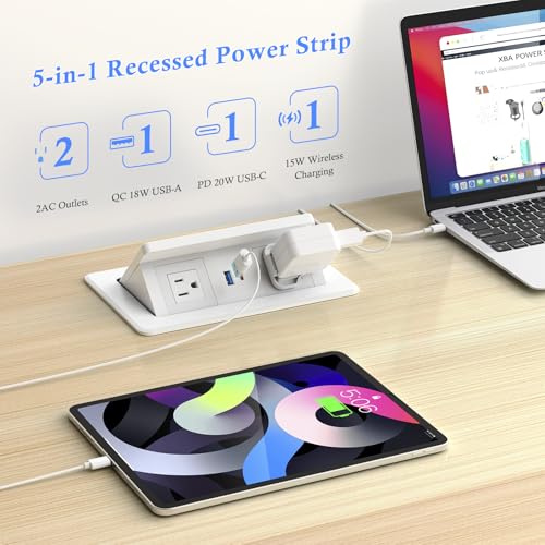 Pop Up Outlet with 20W USB C, Pop up Power Outlet with 15W Wireless Charging, 2 AC Outlets and 18W USB A Ports, Recessed Power Strip with 6FT Cords for Office, Conference, Bedroom,White by XBA - Image 5