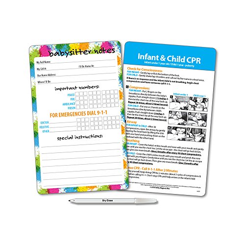 Babysitter Notes & Emergency Contacts Magnet for Refrigerator - Baby & Child CPR Reference Card - Reusable - Emergency Numbers Magnet - Dry Erase Pen Included - 5.25 x 8.5 in.