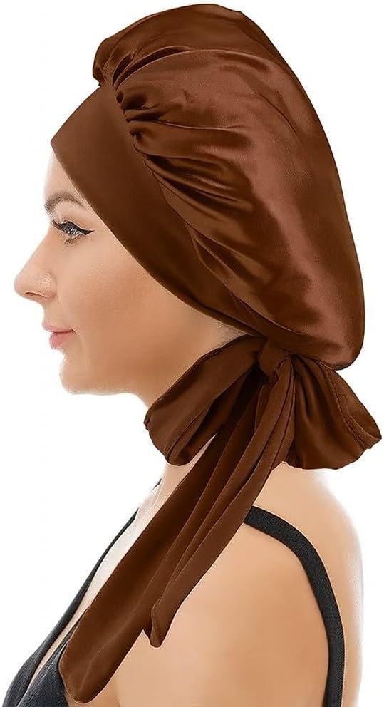 Silk Bonnet for Sleeping Women, Adjustable Hair Bonnet with Tie Band, Prevents Frizz and Protects Curly Hair