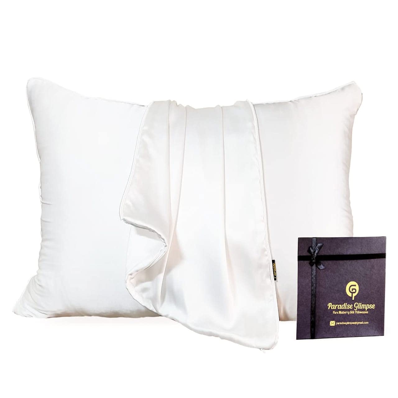 PARADISE GLIMPSESilk PillowCase 19 Momme 100% Pure Mulberry Charmeuse Silkpillow Good for Skin and Frizzy Hair. Handcrafted Self Piping allergenic resistant (Standard, White 2 PACK Standard)