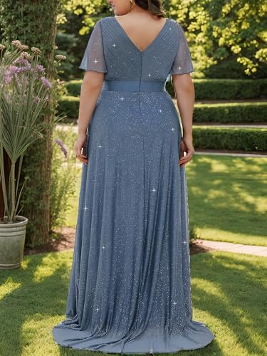 Image of Ever-Pretty Plus Women's Glitter Formal Dress Evening Gown for Gala V-Neck Short Sleeve Floor Length Plus Size Prom Dresses