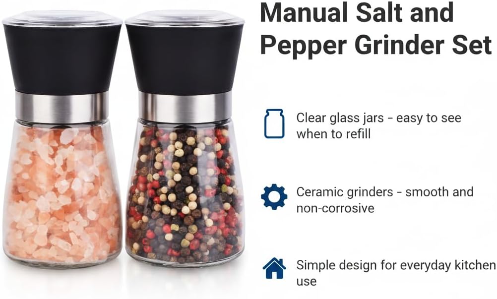 Salt and Pepper Grinder Set, 5.1 oz Refillable Glass Salt and Pepper Mills with Adjustable Ceramic Grinder, Manual Spice Grinder for Kitchen, Cooking and Dining Table (2.5" נ5.1")