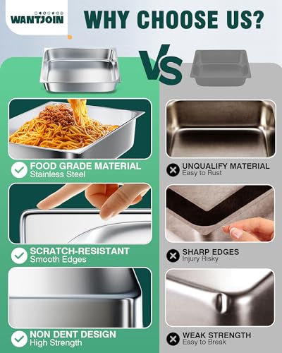 WantJoin Steam Table Hotel Pans 1/1 Full Size 4 Inch Deep 6 Pack, Stainless Steel Metal Tray Sets Food Storage Container for Restaurant Chafing Dishes Commercial Buffet Warmer Catering Supplies