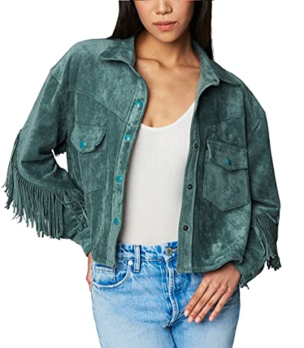 [BLANKNYC] Womens Luxury Clothing Suede Fringe Shirt with Front Snap Closure Faux Leather Jacket, Olive Branch, Small