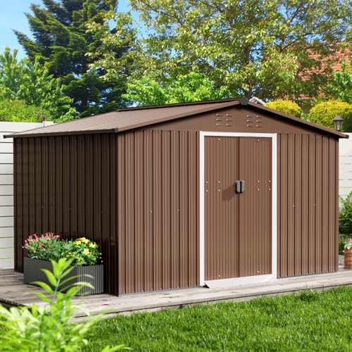 10x10 Ft Brown Metal Outdoor Storage Shed, Large Garden Shed with Sloped Roof & Lockable Door, Backyard Garden Patio Lawn Outdoor Shed for Organising Tools and Equipment in Yard, Garden