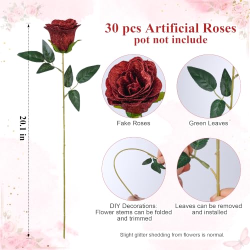 Image of 30 PCS Red Roses Artificial Flowers, Fake Glitter Roses with Stem Realistic Silk Roses for Wedding Bouquets Table Centerpieces Arrangements Baby Shower Home Decor Anniversary Birthday Gift for Her