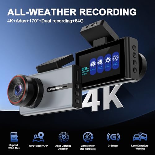 Image of TECXERLLON 4K Dash Cam with ADAS Assist, 3.6 inch IPS Touchscreen, Built-in GPS & 5G WiFi, G-Sensor, Dash Camera with Starlight Night Vision, 170 /150 Wide View, 24H Parking, Free 64GB Card Included