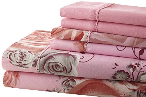 Spirit Linen Palazzo Home 107GSM 6-Piece Luxurious Printed Sheet Set, King, Pink/Grey Roses