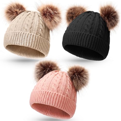Image of Geyoga Kids Toddler Winter Pompom Hat Baby Knitted Beanie Hat Faux Fur Pom Beanie Cap for Girls Boys 1-3 Years Old