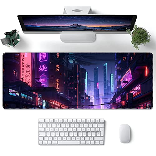 ProbTis Large Purple Mouse Pad, Gaming Cool Desk Pad, Extended Japanese Keyboard Mat, Big Desk Protector for PC Laptop Computer, Stitched Edges, Non-Slip Rubber Base, 31.5”x11.8” (Dark City)
