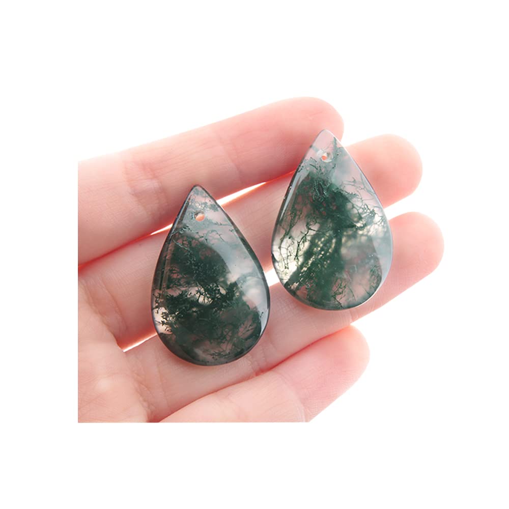 Acxico 2Pcs 32x20x5mm Green Natural Moss Agate Teardrop Pendant Bead