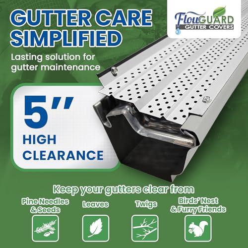 Image of FlowGuard USA Made Professional DIY 5 Inch High Clearance 50-Year Gutter Cover System - White - Aluminum Gutter Guards - 22 Feet - by FlexxPoint