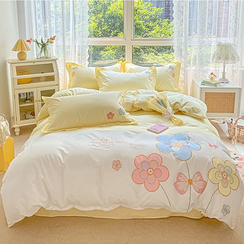 Housse de couette brodée florale ensemble de literie coton vert