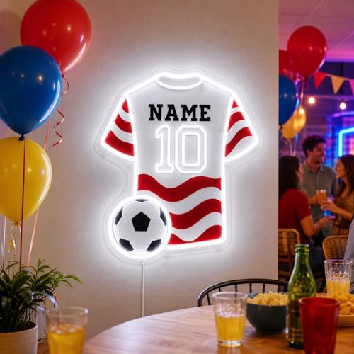 Image of Custom Soccer Jersey Neon Sign, Personalized Name Number world cup Football Jersey Neon Light with Soccer Ball, Customizable USB LED Wall Decor for Boys Bedroom, Game Room, Man Cave, Sports Bar, Fan Club, Party,Soccer Gifts