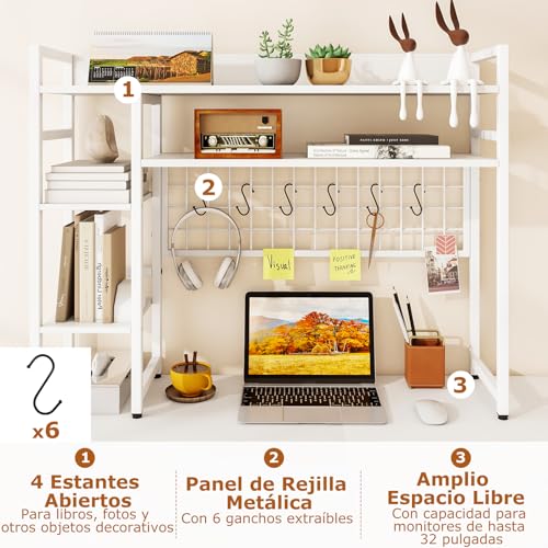 Miniatura 4 de Costway Estantería De Escritorio Sobremaesa, 4 Niveles Y Compartimento Abierto Trasero, 6 Ganchos, Organizador De Almacenamiento De Escritorio De Madera, 94 X 25 X 73,5 Cm Blanco