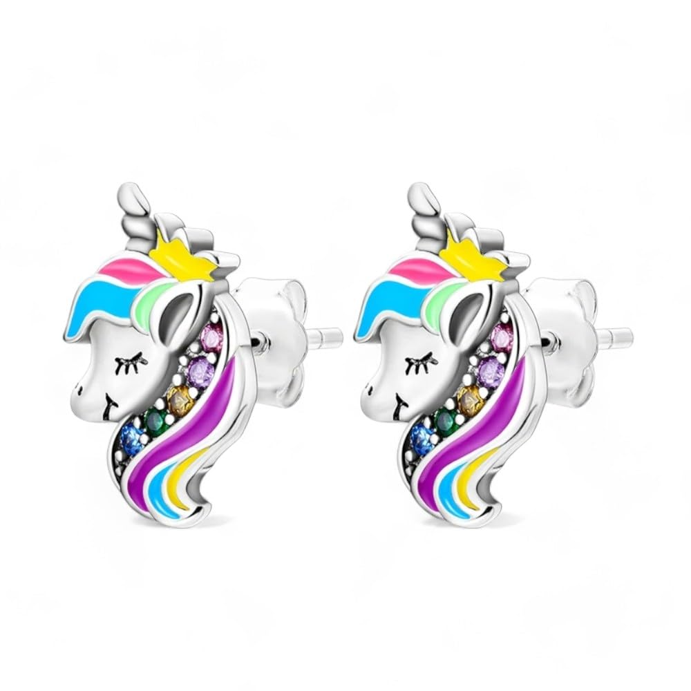 POLIBARA Pendientes plata de ley 925 joyeria niña - pendientes niña mujer, moda aniversario,San Valentin, regalo cumpleaños - brillantes, pendientes unicornio, pendientes plata mujer