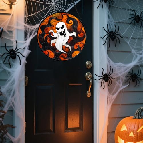Image of Stained Glass Window Hanging - Halloween White Ghost Suncatcher for Doors Window Garden Indoor Spooky Funny Orange Sun Catchers Gothic Decor Horror Gifts for Women Men Friend 15 in