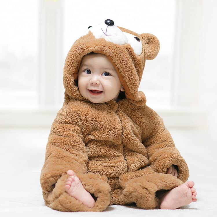 BRANDONN Unisex Baby Flannel Jumpsuit Panda Style Cosplay Clothes Bunting Outfits Snowsuit Hooded Romper Outwear (Camel TeddyBear, 12-18 Months)