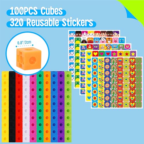 Image of 100 Math Linking Cubes, Math Cubes with 320 Reusable Stickers Manipulative Geometric Shapes Connecting and Counting Snap Blocks for Early Math & Construction, Educational Toy for Preschool, Homeschool