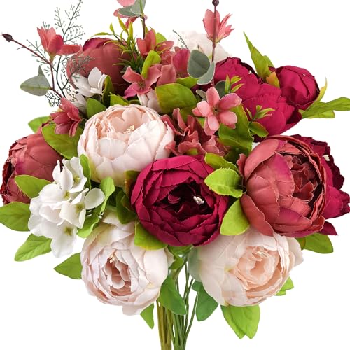 Image of FiveSeasonStuff Burnt Pink and Dusty Pink Vintage Artificial Peonies Silk Flowers and Hydrangeas for Wedding Bridal Home Decor - Beautiful Floral Centerpiece Bouquet (Fireside Romance)