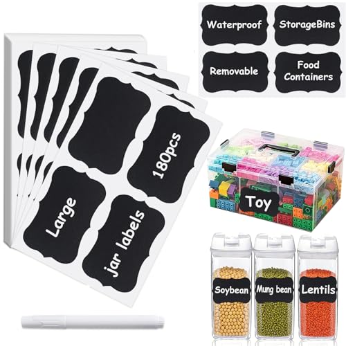180PCS Large Chalkboard Labels, 3.4″x2.1″, Reusable&Thickened+1 Pen,Black | 1 Liquid Chalk Marker,Reusable Blackboard Stickers for Mason Jars,Storage Bins,Craft Rooms,Food Containers & Pantry Storage