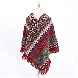 mmknlrm Ethnic Retro Thick Ladies Style Cape Shawl Head Sassel Striped Color Scarf Scarf Flask Scarf for Women (Wine, One Size)