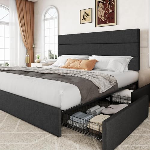 El Mejor Listado de Cabeceras de Cama Queen Size de esta semana. 48 BRO A SIS Base de Cama Queen Size con 4 Cajones de Almacenamiento, Cama Tapizada con Cabecera y Piecera de Tela, Estructura Metálica Reforzada (Soporta 400kg), Sin Box Spring