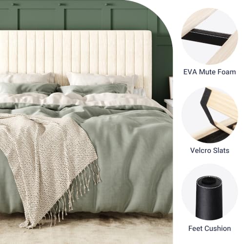 Image of Allewie Full Bed Frame, Upholstered Platform Bed with Adjustable Vertical Channel Tufted Headboard, Mattress Foundation with Strong Wooden Slats, Box Spring Optional, Easy Assembly, Chenille White