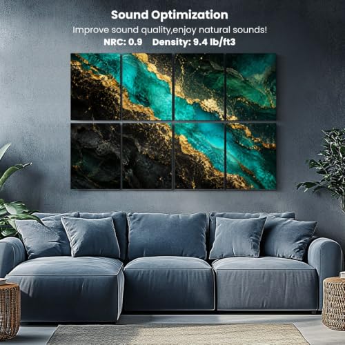 Kanworse Paneles Acústicos Decorativos de 8 Piezas 48"x32" Fibra de Poliéster Negro Mármol Abstracto Verde Malaquita Venas Doradas Estilo Kintsugi Japonés miniatura 5