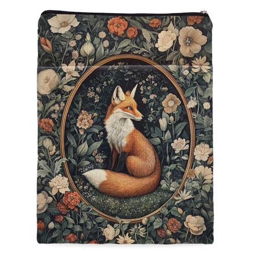 Vintage Flower Fox William Morris Book Sleeve for Book Lovers, Bookish Book Protector with Zipper, Washable Fabric Book Cover for Paperbacks & Hardcovers,11.4 x 9.1Inches (White Flower-Fox, Medium)