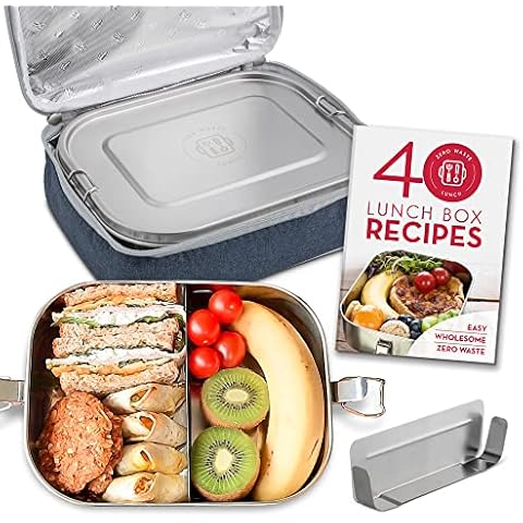 Country Trading Co. Bento Lunch Box and Insulated Lunch Bag | Stainless Steel | Leak Proof Lid | Large Heavy Duty Container | Removable Divider | Lunch Box Ideas Recipe Book Cover