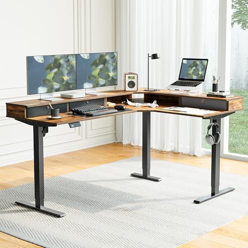 Image of FEZIBO L-Shaped Electric Standing Desk, 63 x 48 Inches Height Adjustable, Reversible Tabletop, Corner Desk with Drawers, Ergonomic Computer Table, Rustic Brown Top