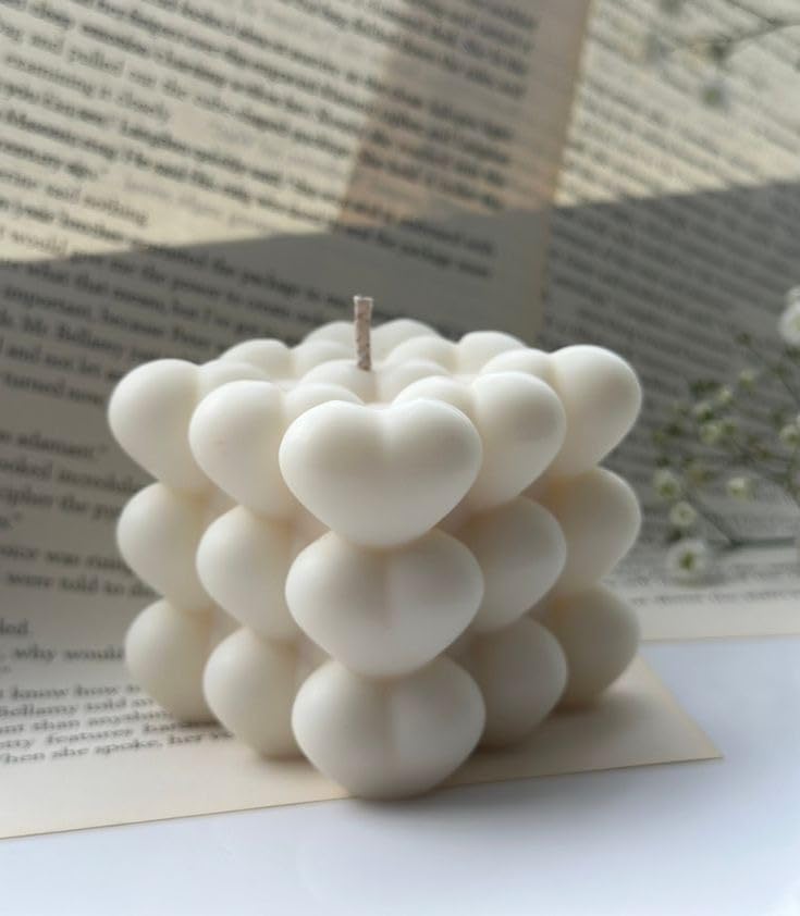 Image of Heart Bubble Cube Candle, Ivory, Decorative Pillar Candle, Aesthetic Home Decor